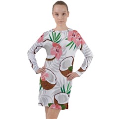 Seamless Pattern Coconut Piece Palm Leaves With Pink Hibiscus Long Sleeve Hoodie Dress by Vaneshart