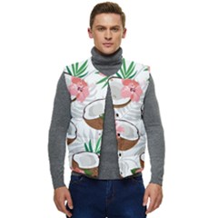 Seamless Pattern Coconut Piece Palm Leaves With Pink Hibiscus Men s Short Button Up Puffer Vest	