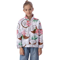 Seamless Pattern Coconut Piece Palm Leaves With Pink Hibiscus Kids  Half Zip Hoodie by Vaneshart