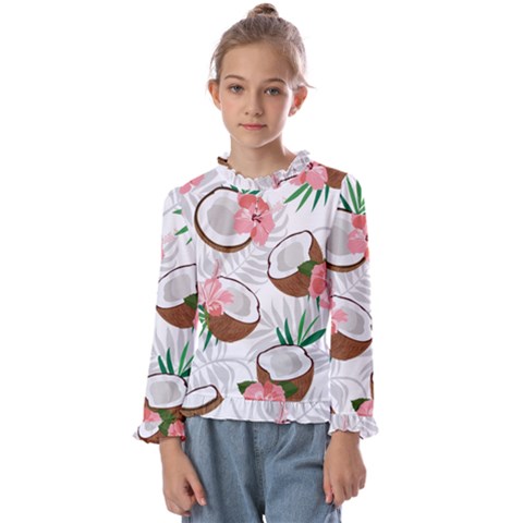 Seamless Pattern Coconut Piece Palm Leaves With Pink Hibiscus Kids  Frill Detail Tee by Vaneshart