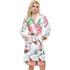 Seamless Pattern Coconut Piece Palm Leaves With Pink Hibiscus Long Sleeve Velvet Robe by Vaneshart