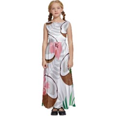 Seamless Pattern Coconut Piece Palm Leaves With Pink Hibiscus Kids  Satin Sleeveless Maxi Dress by Vaneshart