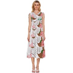 Seamless Pattern Coconut Piece Palm Leaves With Pink Hibiscus V-neck Drawstring Shoulder Sleeveless Maxi Dress by Vaneshart