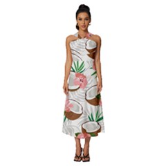 Seamless Pattern Coconut Piece Palm Leaves With Pink Hibiscus Sleeveless Cross Front Cocktail Midi Chiffon Dress by Vaneshart