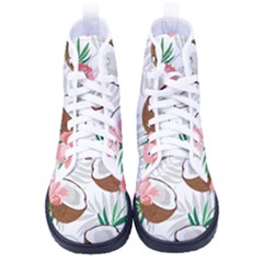 Seamless Pattern Coconut Piece Palm Leaves With Pink Hibiscus Men s High-top Canvas Sneakers by Vaneshart