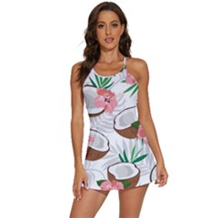 Seamless Pattern Coconut Piece Palm Leaves With Pink Hibiscus 2-in-1 Flare Activity Dress