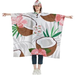 Seamless Pattern Coconut Piece Palm Leaves With Pink Hibiscus Women s Hooded Rain Ponchos by Vaneshart