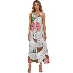 Seamless Pattern Coconut Piece Palm Leaves With Pink Hibiscus V-neck Sleeveless Loose Fit Overalls by Vaneshart