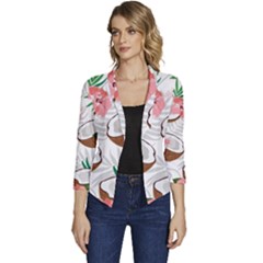 Seamless Pattern Coconut Piece Palm Leaves With Pink Hibiscus Women s Casual 3/4 Sleeve Spring Jacket by Vaneshart