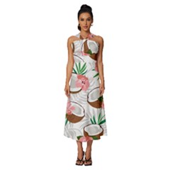 Seamless Pattern Coconut Piece Palm Leaves With Pink Hibiscus Sleeveless Cross Front Cocktail Midi Chiffon Dress by Vaneshart