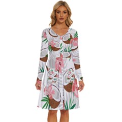 Seamless Pattern Coconut Piece Palm Leaves With Pink Hibiscus Long Sleeve Dress With Pocket by Vaneshart