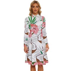 Seamless Pattern Coconut Piece Palm Leaves With Pink Hibiscus Long Sleeve Shirt Collar A-line Dress by Vaneshart