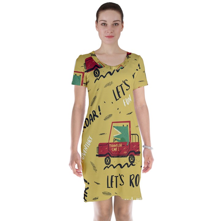 Childish-seamless-pattern-with-dino-driver Short Sleeve Nightdress