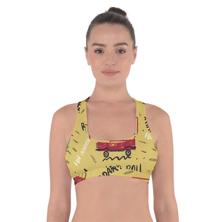 Childish-seamless-pattern-with-dino-driver Cross Back Sports Bra