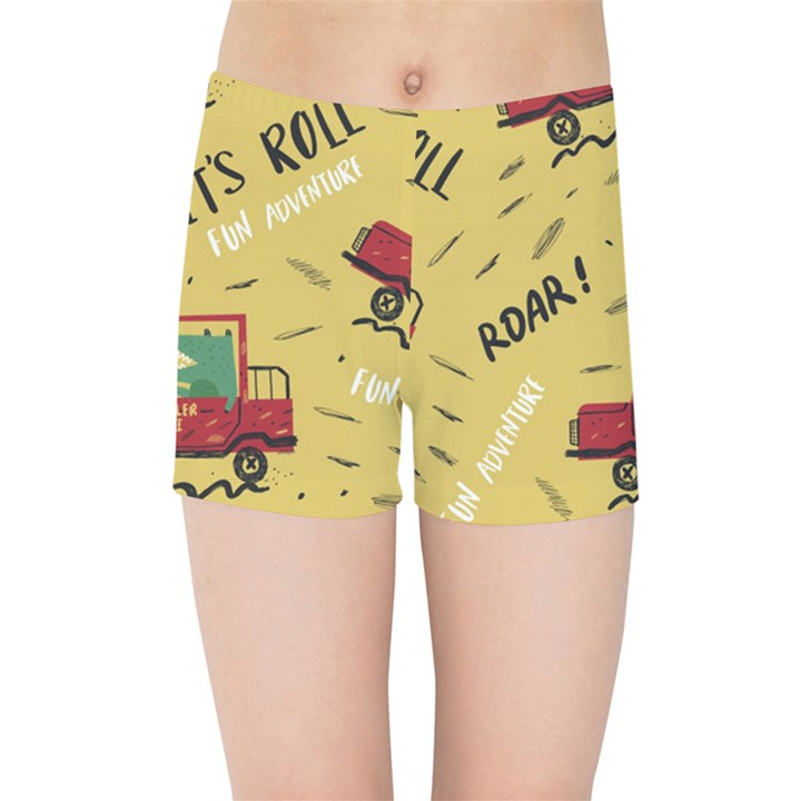 Childish-seamless-pattern-with-dino-driver Kids  Sports Shorts