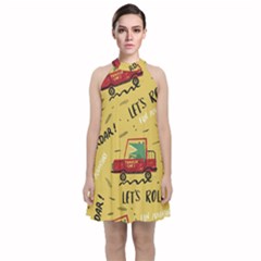 Childish-seamless-pattern-with-dino-driver Velvet Halter Neckline Dress  by Vaneshart