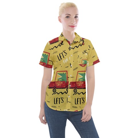 Childish-seamless-pattern-with-dino-driver Women s Short Sleeve Pocket Shirt by Vaneshart