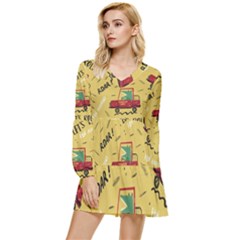 Childish-seamless-pattern-with-dino-driver Tiered Long Sleeve Mini Dress by Vaneshart