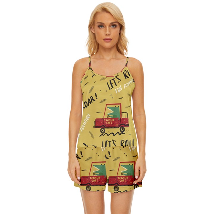 Childish-seamless-pattern-with-dino-driver Satin Pajama Short Set