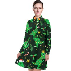 Christmas-funny-pattern Dinosaurs Long Sleeve Chiffon Shirt Dress by Vaneshart