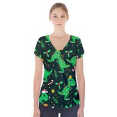 Christmas-funny-pattern Dinosaurs Short Sleeve Front Detail Top by Vaneshart