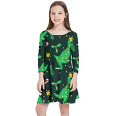 Christmas-funny-pattern Dinosaurs Kids  Quarter Sleeve Skater Dress by Vaneshart