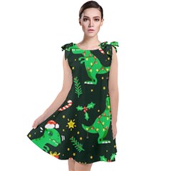 Christmas-funny-pattern Dinosaurs Tie Up Tunic Dress