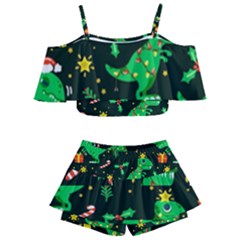 Christmas-funny-pattern Dinosaurs Kids  Off Shoulder Skirt Bikini