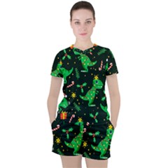 Christmas-funny-pattern Dinosaurs Women s Tee And Shorts Set