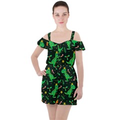 Christmas-funny-pattern Dinosaurs Ruffle Cut Out Chiffon Playsuit