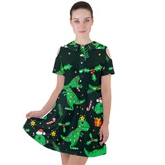 Christmas-funny-pattern Dinosaurs Short Sleeve Shoulder Cut Out Dress 