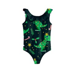 Christmas-funny-pattern Dinosaurs Kids  Frill Swimsuit