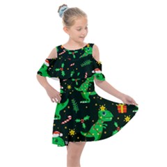 Christmas-funny-pattern Dinosaurs Kids  Shoulder Cutout Chiffon Dress