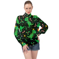 Christmas-funny-pattern Dinosaurs High Neck Long Sleeve Chiffon Top