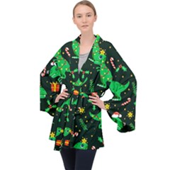 Christmas-funny-pattern Dinosaurs Long Sleeve Velvet Kimono 