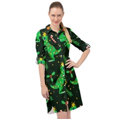 Christmas-funny-pattern Dinosaurs Long Sleeve Mini Shirt Dress