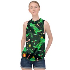 Christmas-funny-pattern Dinosaurs High Neck Satin Top