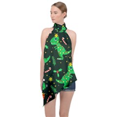 Christmas-funny-pattern Dinosaurs Halter Asymmetric Satin Top