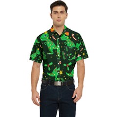 Christmas-funny-pattern Dinosaurs Men s Short Sleeve Pocket Shirt 