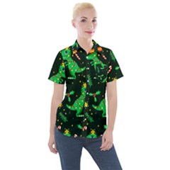 Christmas-funny-pattern Dinosaurs Women s Short Sleeve Pocket Shirt