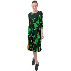 Christmas-funny-pattern Dinosaurs Ruffle End Midi Chiffon Dress