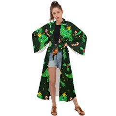 Christmas-funny-pattern Dinosaurs Maxi Kimono