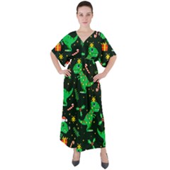 Christmas-funny-pattern Dinosaurs V-neck Boho Style Maxi Dress