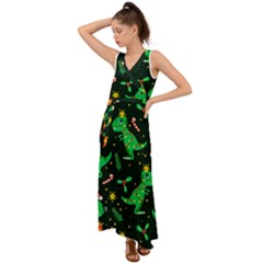 Christmas-funny-pattern Dinosaurs V-neck Chiffon Maxi Dress