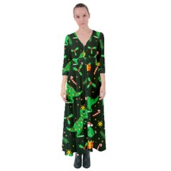 Christmas-funny-pattern Dinosaurs Button Up Maxi Dress