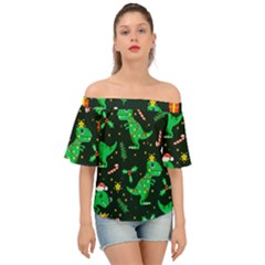 Christmas-funny-pattern Dinosaurs Off Shoulder Short Sleeve Top