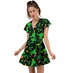 Christmas-funny-pattern Dinosaurs Flutter Sleeve Wrap Dress