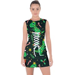 Christmas-funny-pattern Dinosaurs Lace Up Front Bodycon Dress