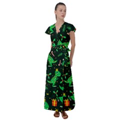 Christmas-funny-pattern Dinosaurs Flutter Sleeve Maxi Dress