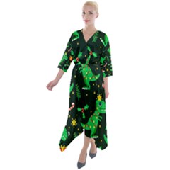 Christmas-funny-pattern Dinosaurs Quarter Sleeve Wrap Front Maxi Dress